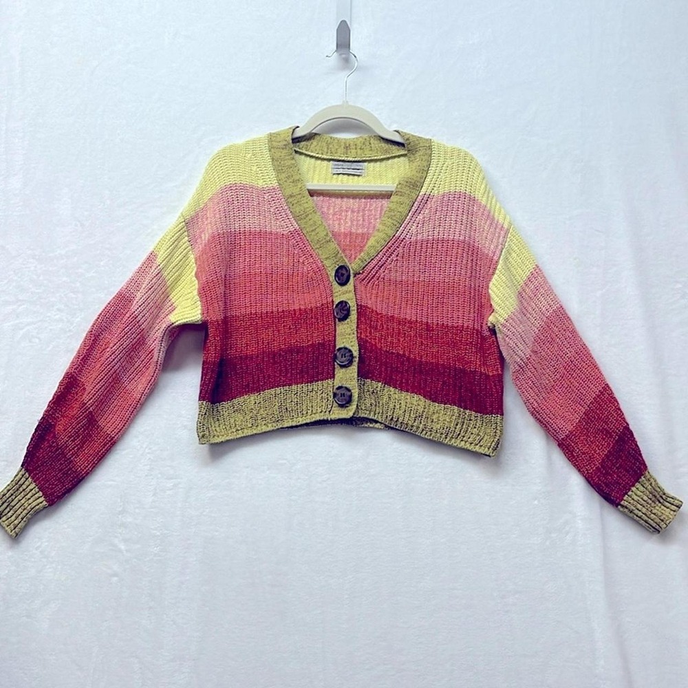 Urban Outfitters Cropped Cardigan XS Pink Yellow Olive Ombre Striped Sweater